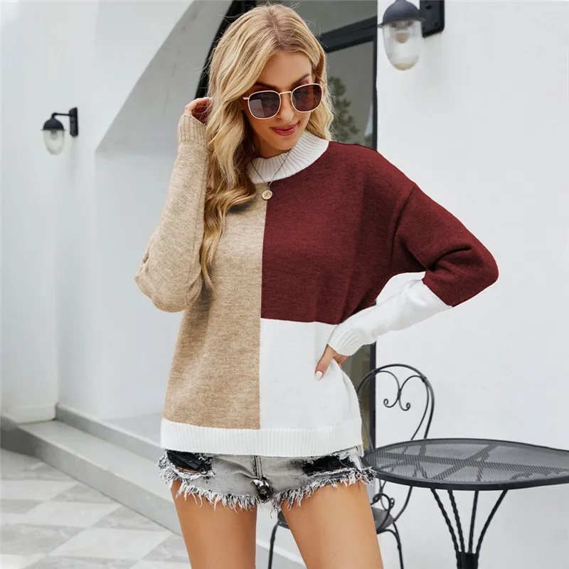 

Wholesale Women's Round Neck Multi-Color Sweater European American Loose Three-Color Pullover Sweater