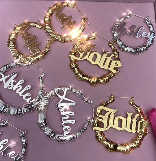 

Custom 18k gold plated personalised Name bamboo hoop earrings women