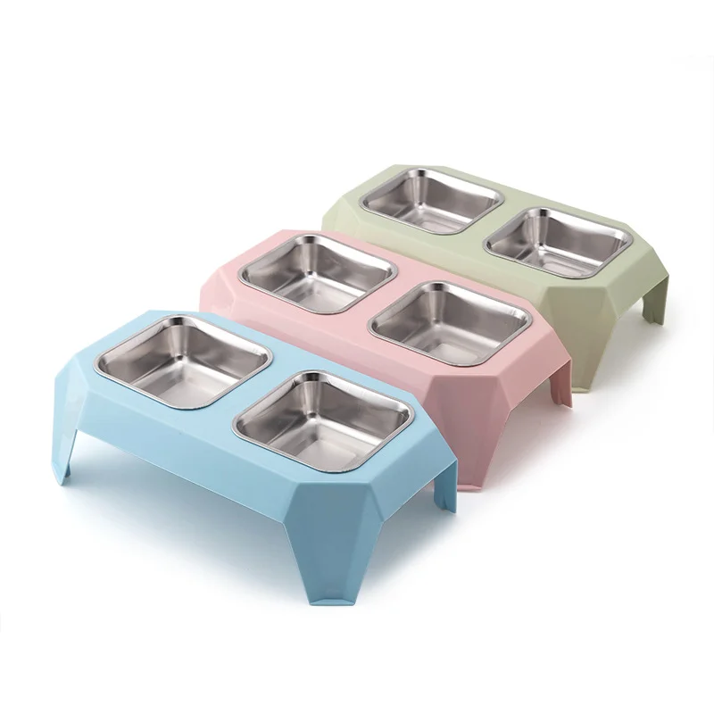 

New Design Elevated Dog Bowl Square Shape Stainless Steel Plastic PP Non-Slip Pet Supplies Feeder Double Cat Dog Bowl, Blue,green,pink
