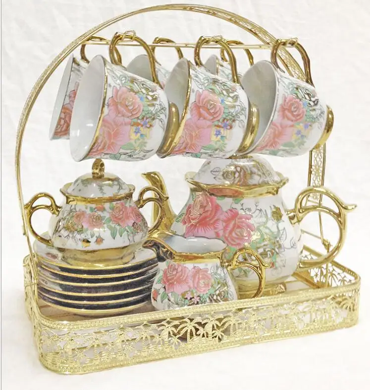 

15pcs/set Delicate Bone china Coffee Cup Set European Vintage Tea Cup Tea Kettle Saucer Set, Colorful