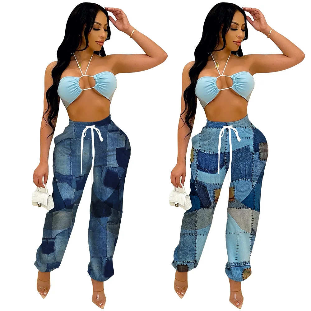 

Casual Drawstring Straight Ladies Sweat Pants Stylish Patchwork Trousers New Fall Arrivals For Women, Picture color