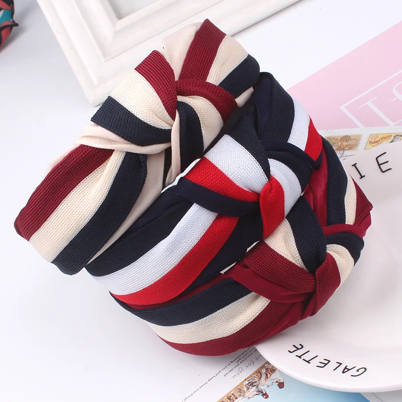 

New high-grade striped contrast color hair accessories webbing knotted wide-sided headband, Picture
