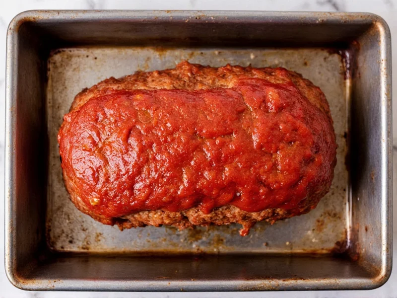 Meatloaf shaped in loaf pan with ketchup glaze