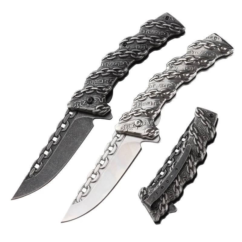 

Factory Best Selling Outdoor Pocket Knife with Stainless Steel Reliefs Havoc Chain Link Stonewashed Handle Tactical Pocket Knife