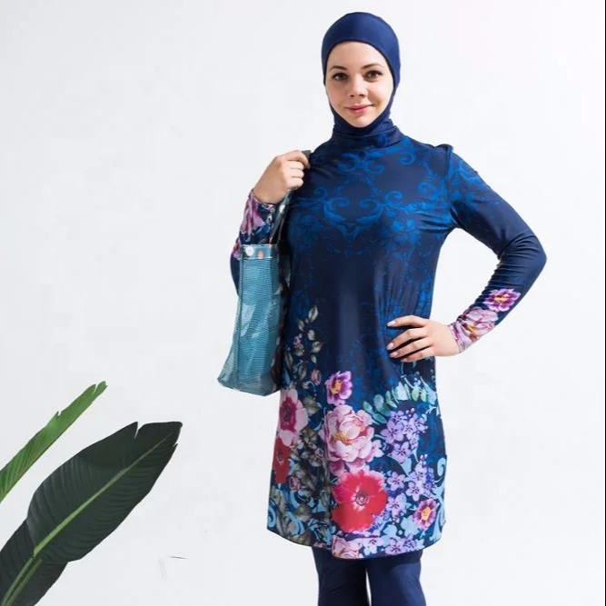 

2021 Original Design Long Sleeve + Long Pants + Hijab 3pcs Pansy Printing Dark Blue Swimsuit for Ladies