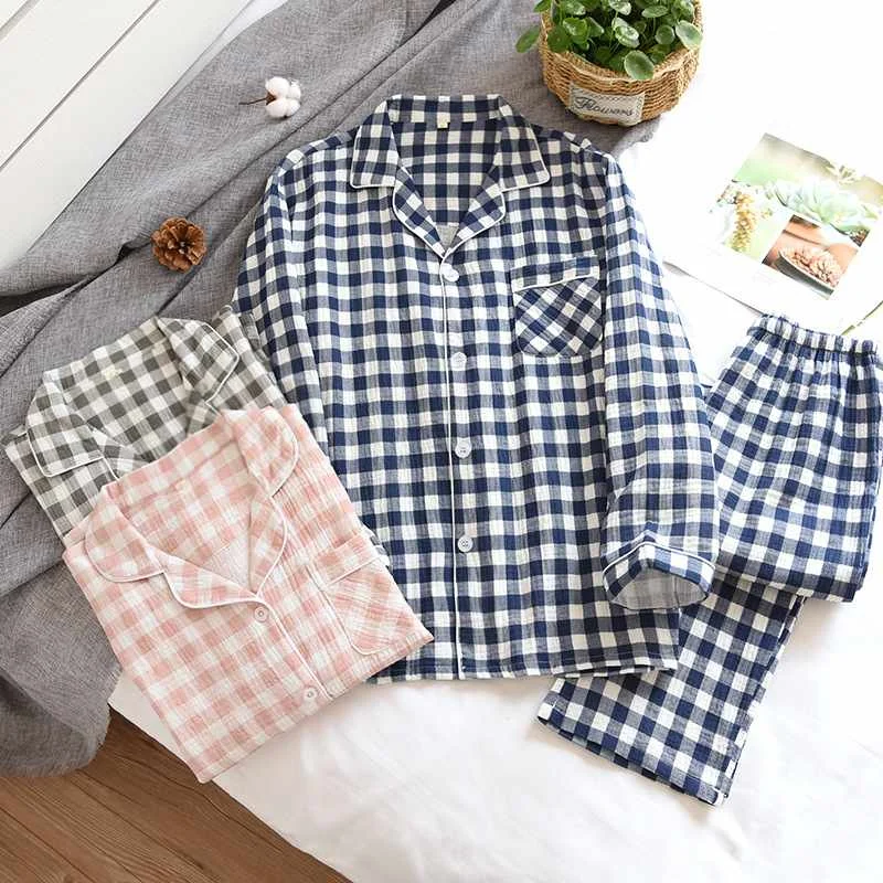 

2021 new spring and autumn couple simple casual plaid sleepwear suit 100% cotton crepe home service sleepwear for men and women, Required