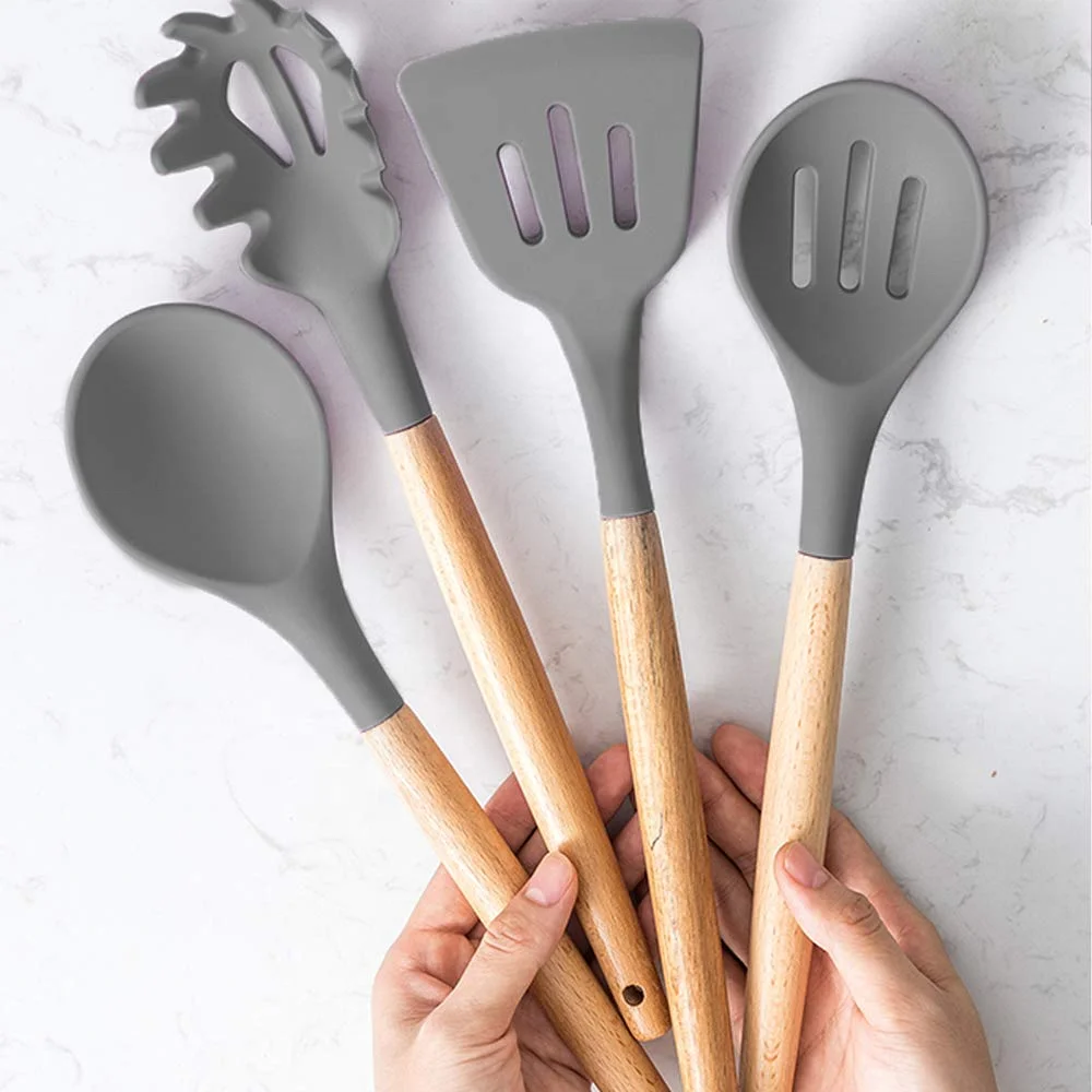 

Kitchen set wooden handle Wooden 12 pieces heat resistant silicone wooden handle kitchen set small tools