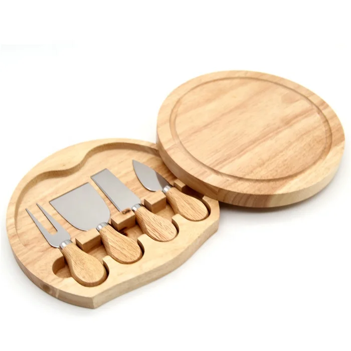 

Amazon Hot New Design Wooden Kitchen Accessories Set Utensil Wholesale Wood Round Cheese Board Set with Knives