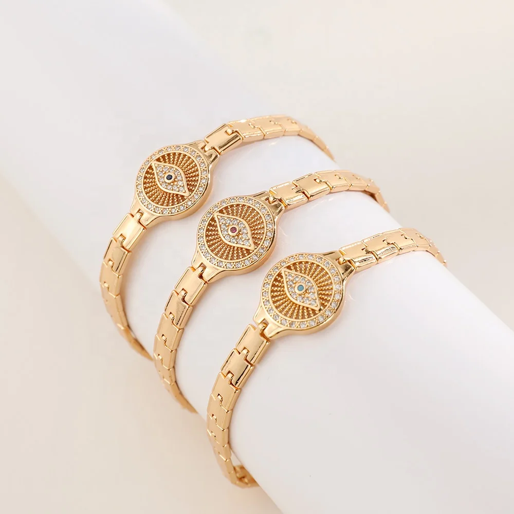 

Factory Produce Customised Copper Alloy Zircon Fashion Jewelry 22k Gold Plated Bracelet mal de ojo bracelet For Women