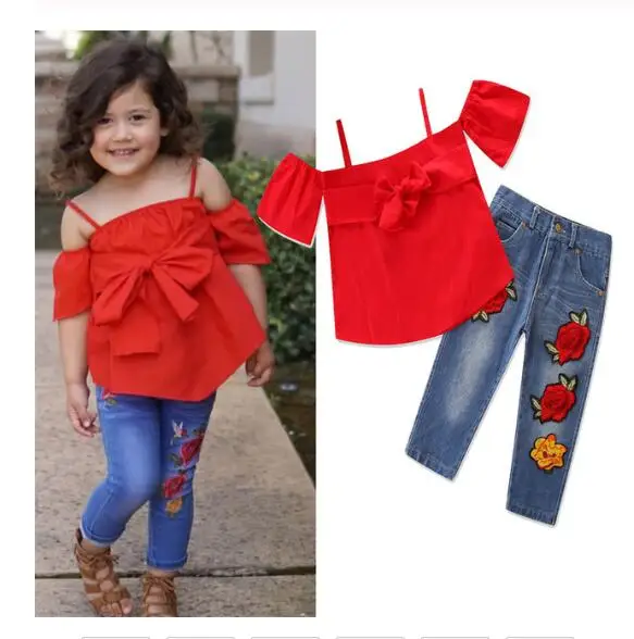 

WHS04 Girls Summer Clothing Set Red Tops+jeans Trousers 2pcs Children Suits Kids Fashion Embroidered Pants Baby Girl Clothes