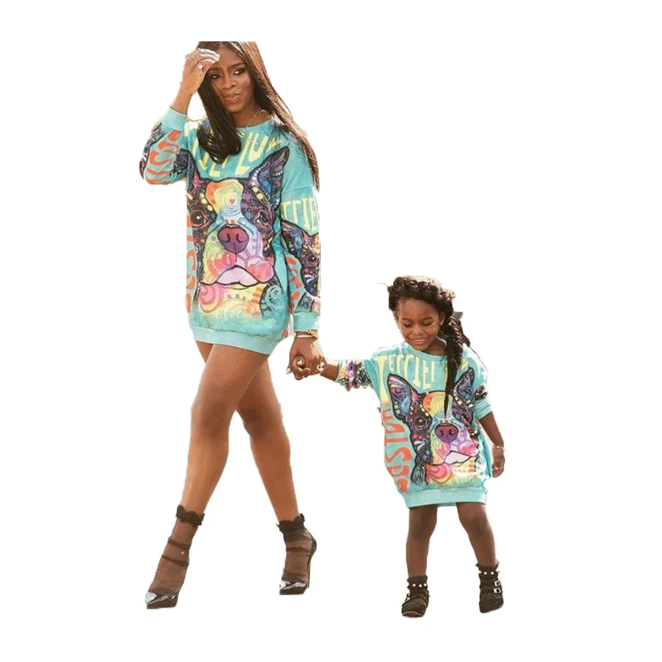 

Hot Sale Family Matching Sets Long Sleeve Tops Women Round Neck Fall Outfits Baby Girls Dog Print Sets Mommy and Me Sweatshirts, Blue