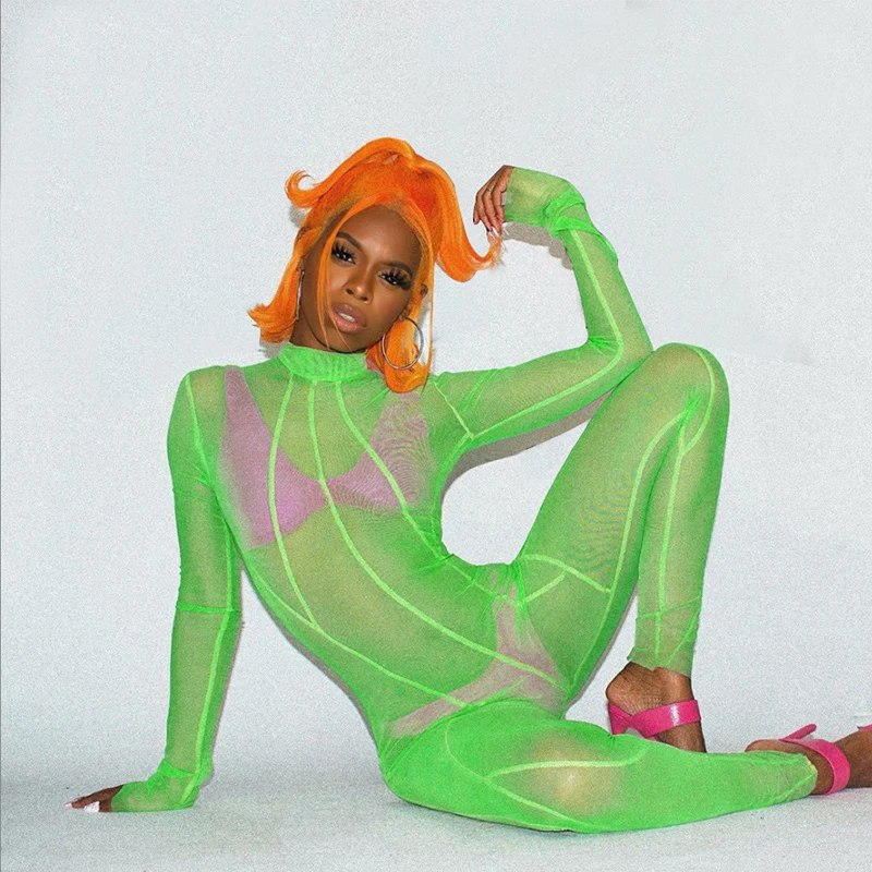 

kuchi 2021 new arrival mesh see through long sleeve tight casual sports jumpsuit for women