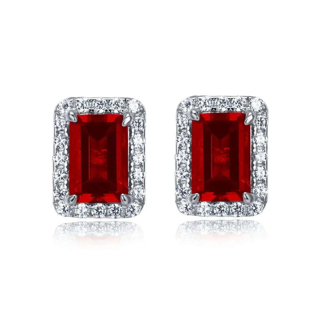 Red Emerald Cut Silver 925 Stud Earrings Halo Claw Setting Fine Jewelry for Women Engagement Gift Party Wedding