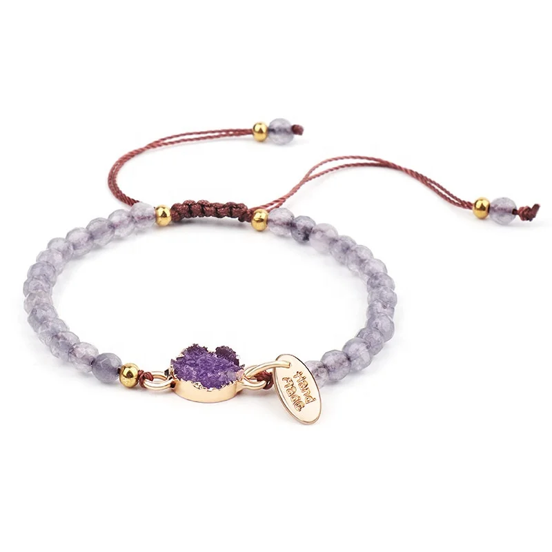 

Handmade natural druzy stone amethyst spiritual bead adjustable braided bracelets, Gold