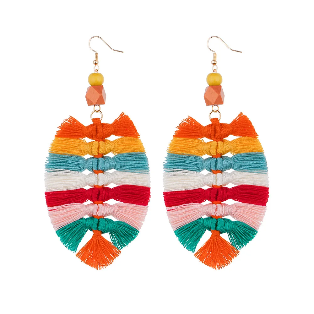 

Wholesale Ethnic Style Women Bohemian Handmade Cotton Thread Tassel Leaf Pendanlt Earrings