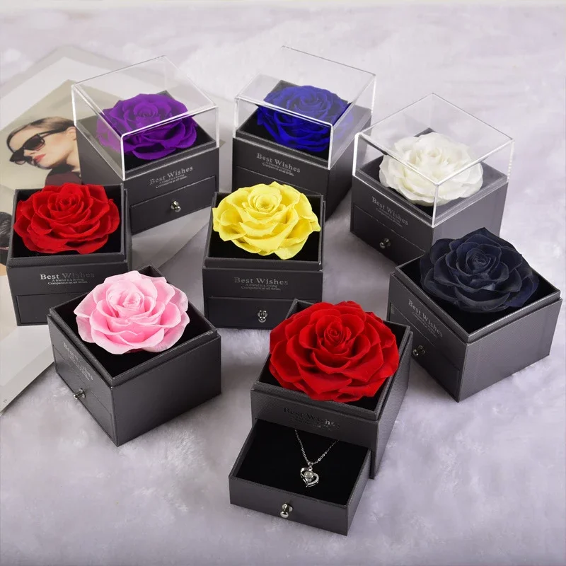 

Factory Supply Wholesale Mothers Day Flower Preserved Roses Acrylic Jewelry Box with Necklace Eternal Rose Flowers Gift for Mom