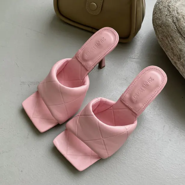 

Designer Square Toe Mules Slippers Candy Color Trendy Shoes High Heels 2021, Pink, green, nude, white, black