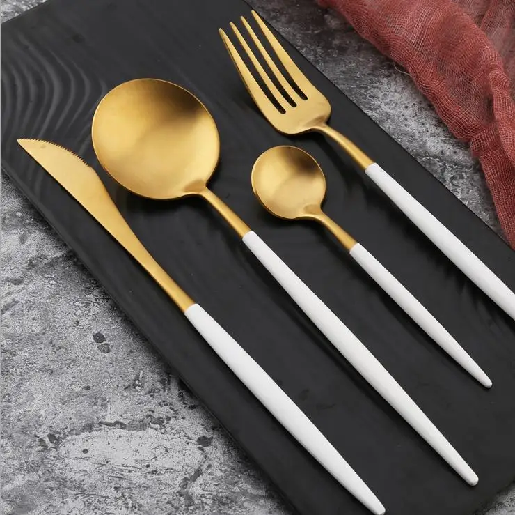 

Wholesale Metal Silverware Kitchen 24pcs Tea Coffee Black Dessert Gold Flatware Spoon And Fork Cutlery Set Stainless Steel, Silver, gold, rose gold, black, white