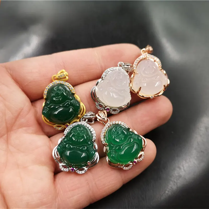 

New Designs Hot S925 Silver Inlaid Green Chalcedony Maitreya Buddha Pendant Necklace Women Diamond Natural Agate Buddha Pendants, Picture shows