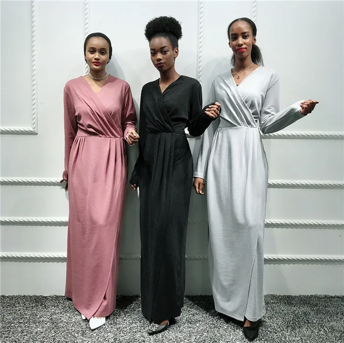 

Fashion shinning dress simple style cross neck muslim women abaya, Black,gray,dusty pink