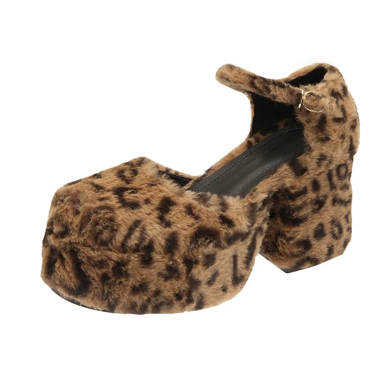 

Womens 5cm Heels Round Toe Leopard Furry Fur Platform Pumps Block Women's Wedge High Heel Shoes Cosplay Halloween Fur Sandals