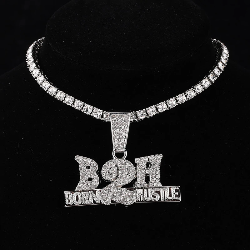 

2023 Hip Hop Pendant Necklace Gold Plated Crystal Rotatable Letter Pendant Men's Iced Out Diamond Dollar Pendant With Cuban Chai