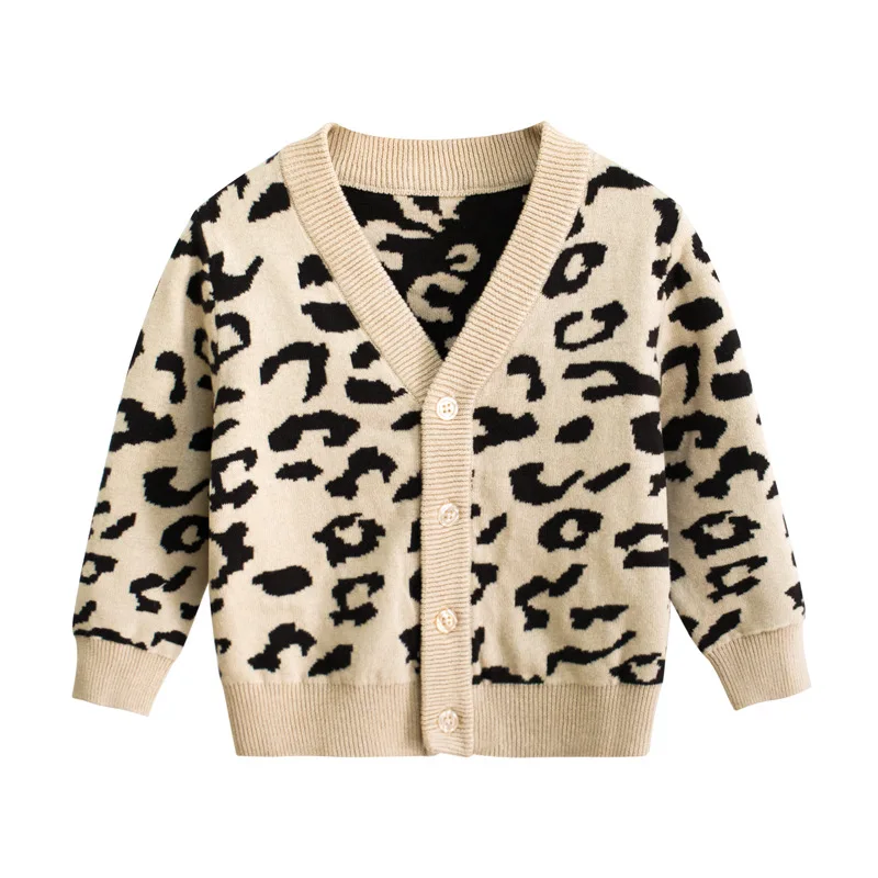 

New Trend Autumn Kids Girl Leopard Long Sleeve Cotton Sweater Cardigan Knitwear Tops