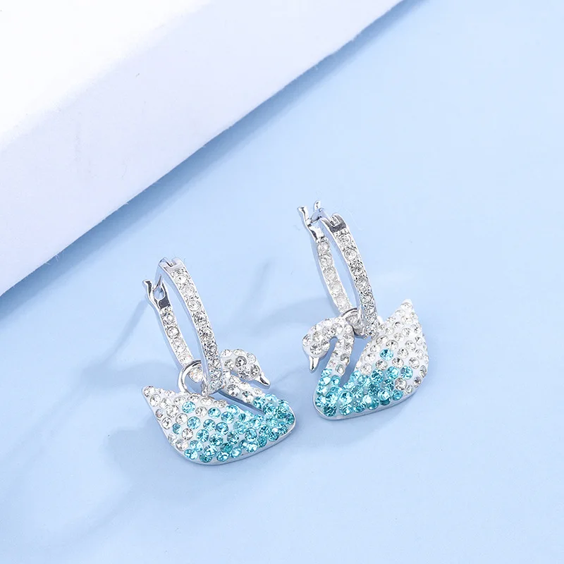

Designer Earrings Women Jewelry Famous Brand SWA Fashion and Romantic Blue Gradient Swan Pendant Earrings, Platinum
