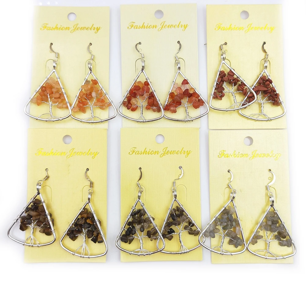 

Wholesale Personality Natural Crystals quartz jewelry Gravel Stone Tree Of Life Silver wired Earrings triangle hoops for girl, Multi