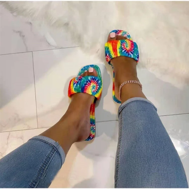 

Summer 2021 trendy tie dye sandals ladies high street slides slippers casual outdoor flat shoes, 2 colors as picture
