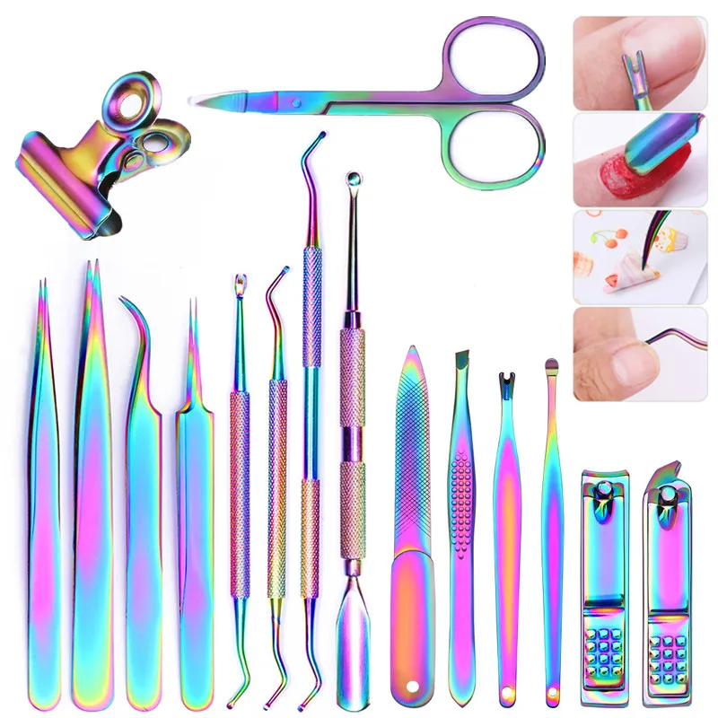 
8 Style Colorful Cuticle Pusher Tweezer Nails Pusher Tools Cuticle Trimmer Dead Skin UV Gel Polish Stainless Steel Clean Tools 