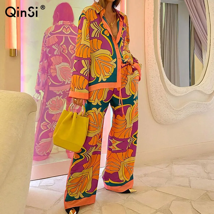 

QINSI Casual Fashion New Pajama Set For Women 2023 Loose Print Home Furnishing Set Long Sleeved Ethnic Style Women's Pajamas