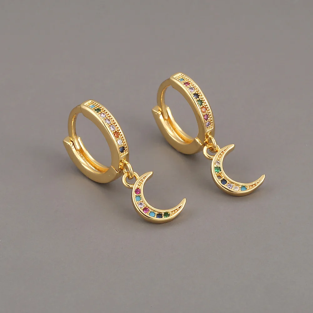 

European Hotsale Women Jewelry 18k Gold Plated Crystal CZ Moon Drop Earrings Rainbow Colorful Cubic Zircon Moon Huggie Earrings