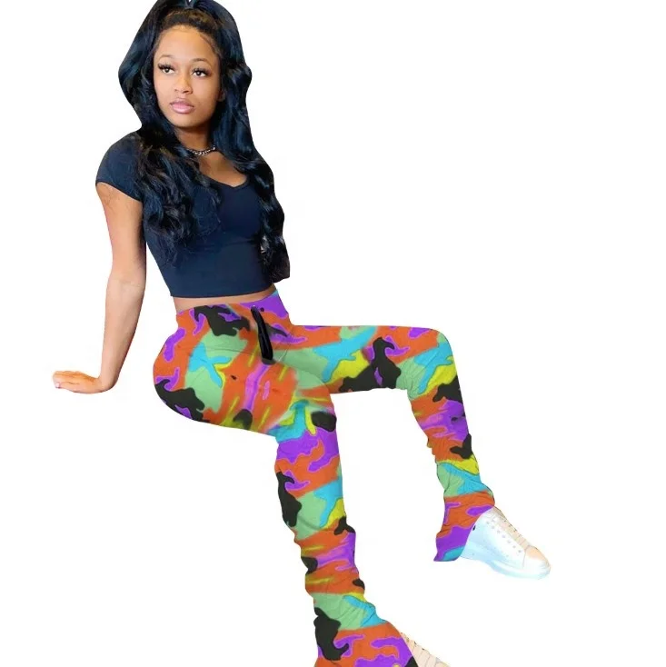

stacked sweatpants women Tie Dye Women's Trousers & Girls's Stacked Joggers jogging suits Camo ruched Stacked Leggings Pants, As pictures