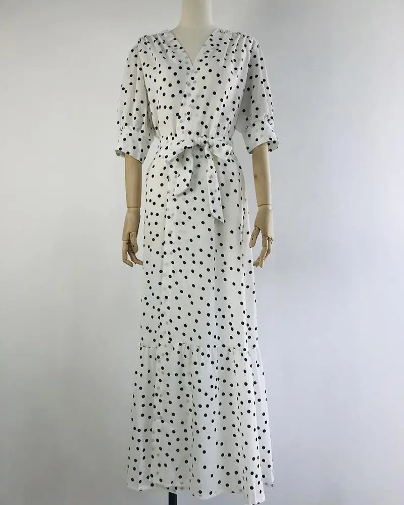 

2020 New Arrival spring autumn deep v-neck polka dot long short sleeve bandage women ladies casual dresses