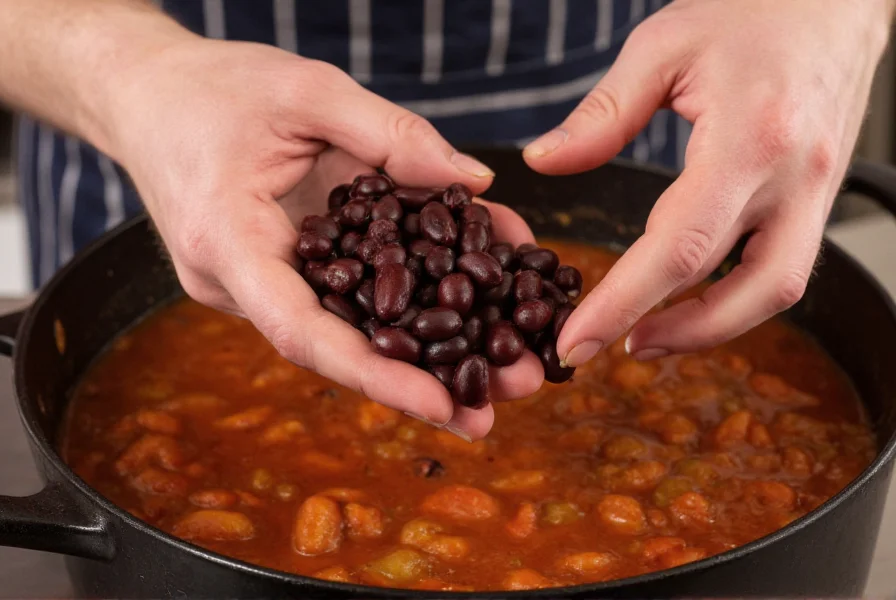 Chef's hands adding black beans to a simmering pot of chili