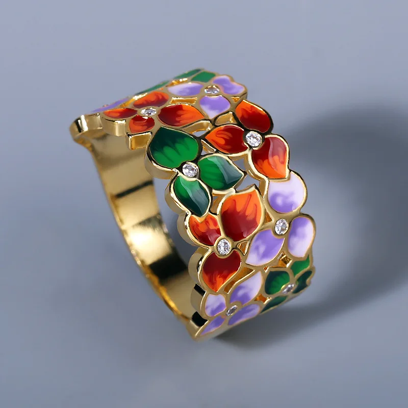 

Fashion Jewelry KYRA01254 Flower shape 18K Gold 3A Zircon Enamel ring for women