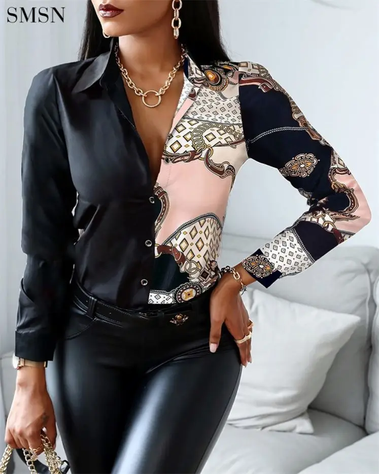 

Hot Selling Patchwork Printed Button Womens Blouses 2021 Ladies Tops Fashionable Shirts For Women