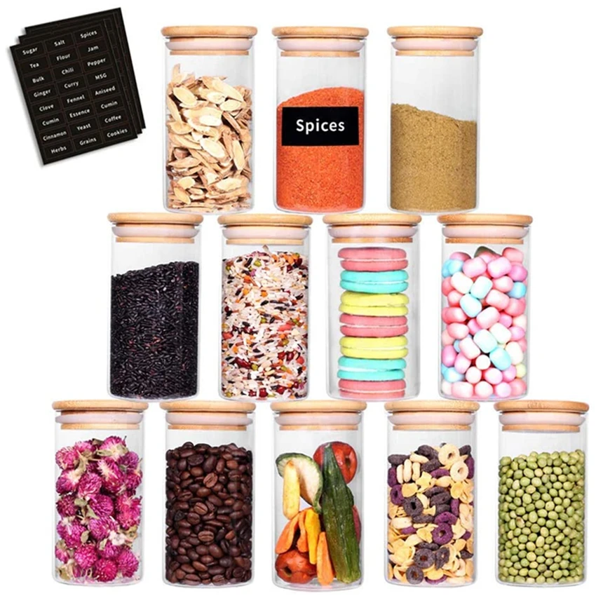 

10 oz Upgrade Glass Spice Jars with Wood Airtight Lids and Labels, Transparent