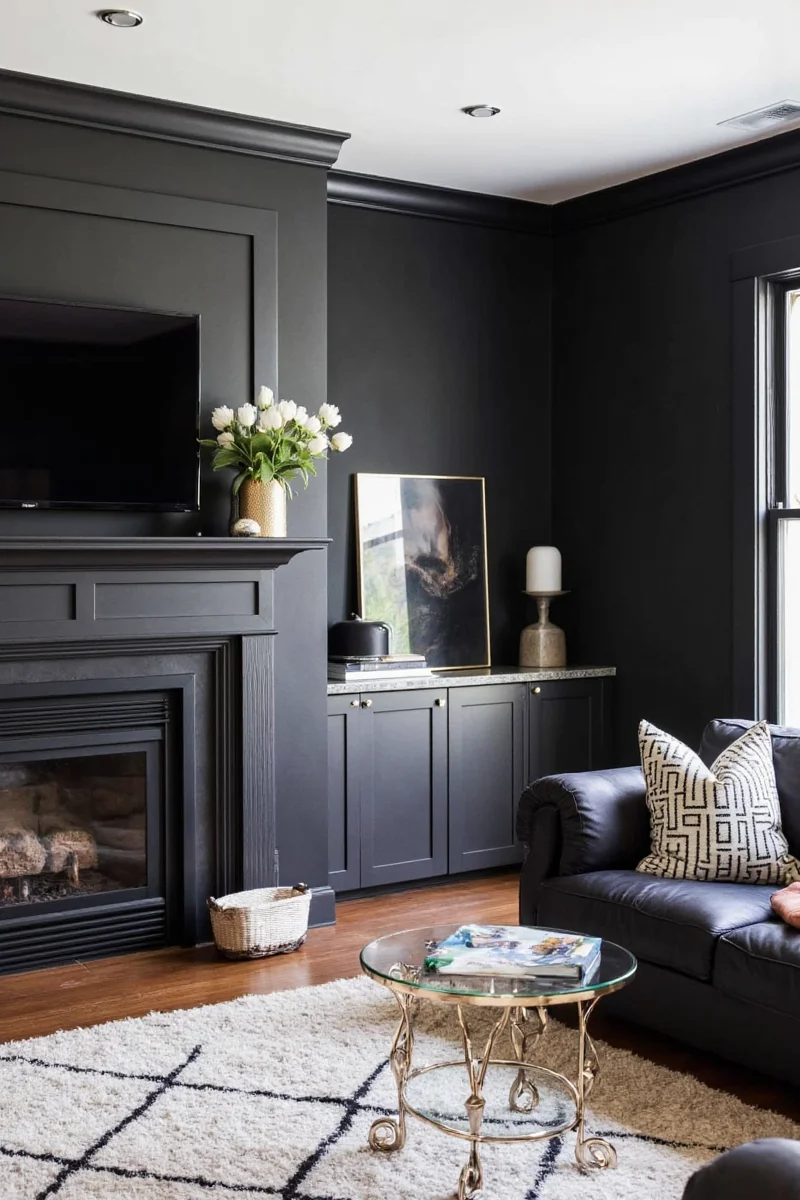 Black living room with pet-friendly furniture and accessories