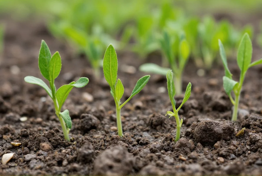 Mustard seedlings growing in garden soil showing early growth stages