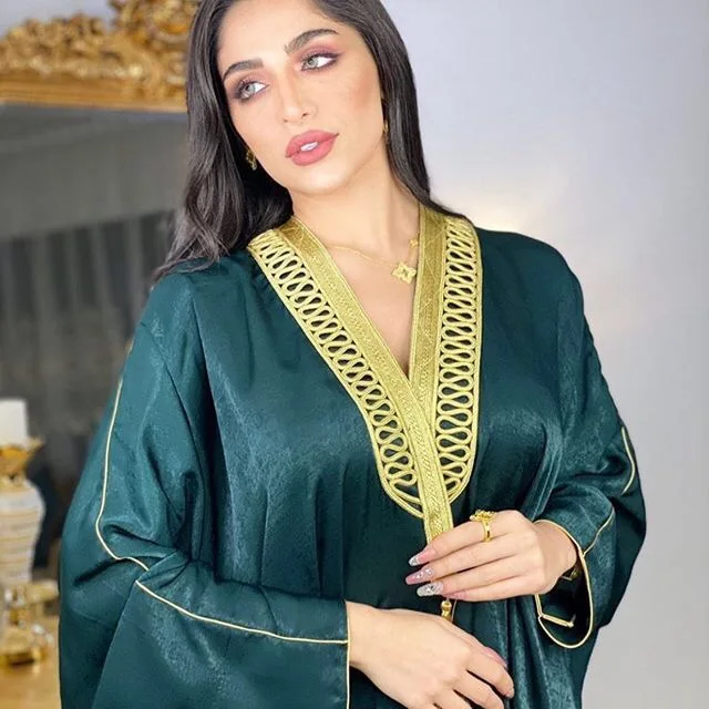 

2021 Muslim & Arab hot sale high quality solid color batwing sleeve dubai women elegant casual dresses abaya kaftan style robe, Green, red