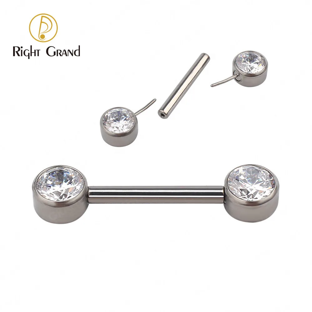 

14G Trendy Unisex Nipple Barbell Ring Titanium Push Pin Threadless Cubic Zirconia