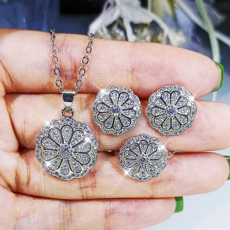 

Luxury Bridal Jewelry Set Round Crystal CZ Flower Earring Necklace Ring Cubic Zirconia Flower Necklace Ring Earrings