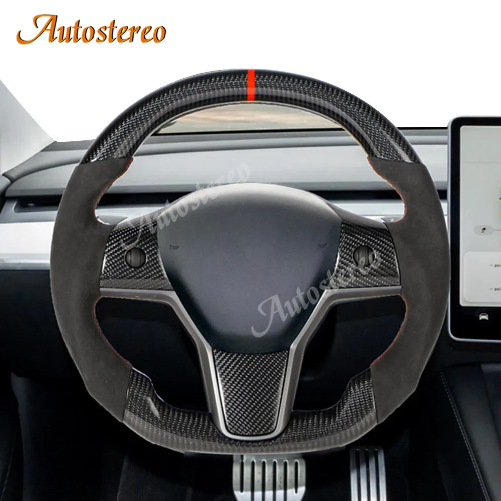 

Carbon Fiber Steering Wheel For Tesla Model 3 Model Y Multifunctional Steering Wheel Turn Fur Style Auto Stereo Digital Cluster