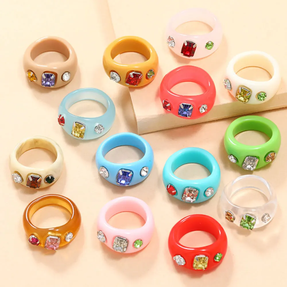 

Korean style punk design plastic acrylic resin rhinestone beads paving rings jewelry unisex, Multi