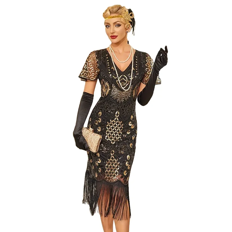 4XL 1920s Flapper Dress Sequin Beaded Fringe & V Neck Petal Sleeves