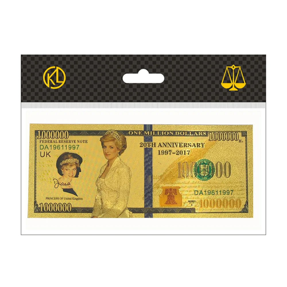 

Customize 1 Million Dollar Diana Princess Golden Playing Cards 24k Gold Plated Foil Banknote Commemorative Banknote With Bag