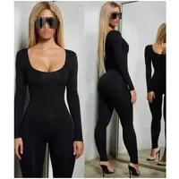 

2019 Female Apparel Sexy Black Tight Jumpsuit With Sleeves Bodysuit Jumpsuit
