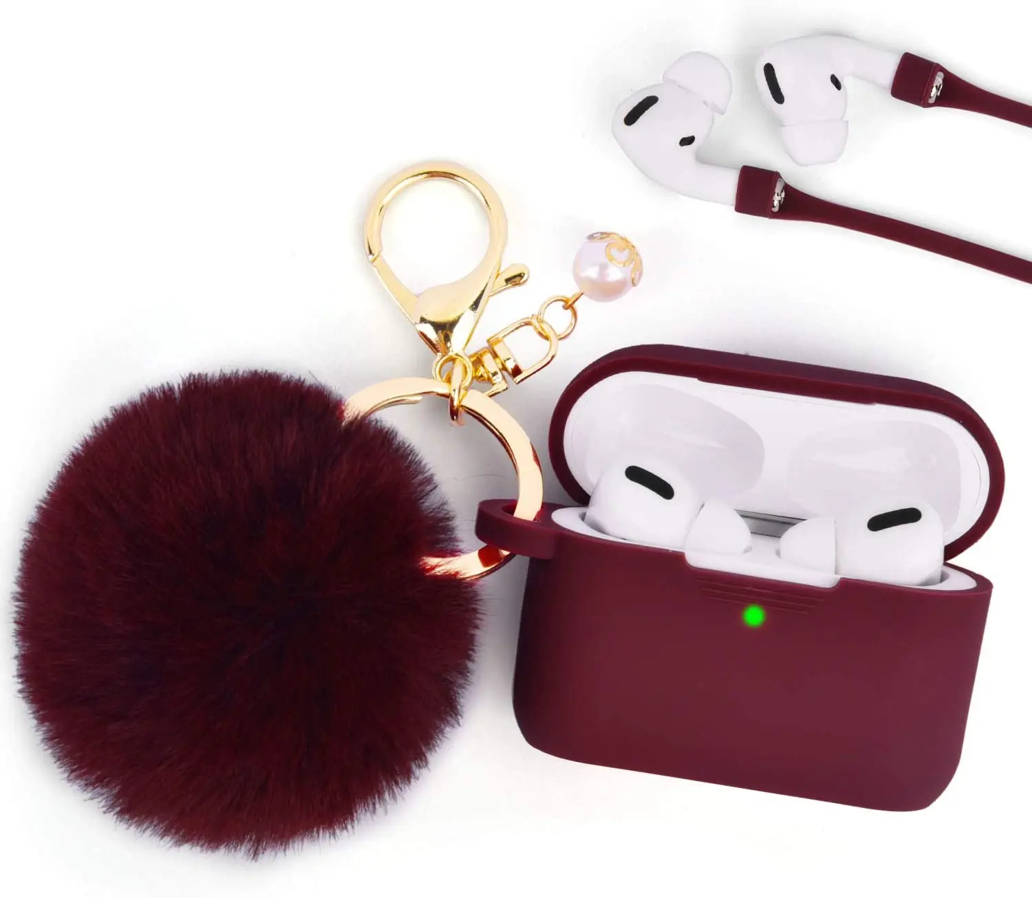 

2020 Charm Luxury Cute Silicone Cover Case for Airpod Pro Case with Fluffy Pompom Fur Ball Keychain Strap for Apple Airpod 3, 32 colors available, it could be customized with pantone number